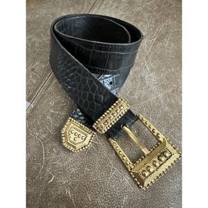 Vintage 90s Dana Buchman Italy Black Alligator Embossed Leather Gold Belt 28